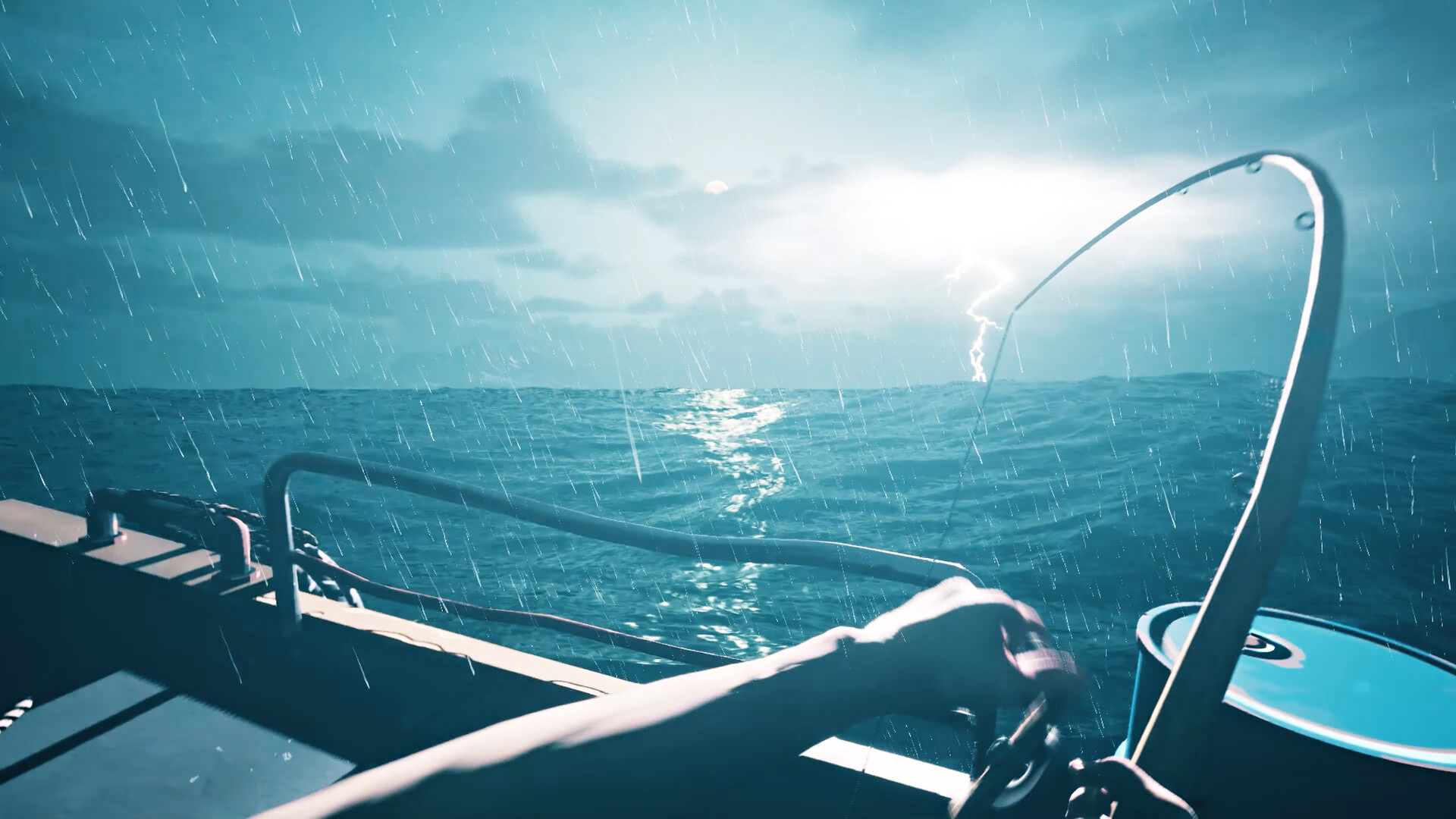 First-person view of the deck of a fishing boat in a Pacific Northwest storm — the Last Harbor cover shot