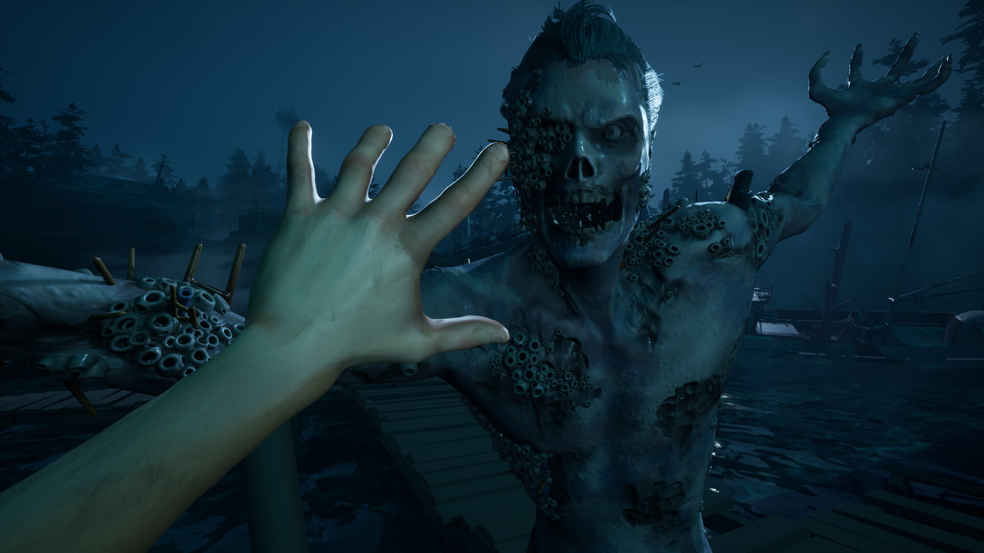 Close-up of a barnacle-covered zombie face — Last Harbor infected type