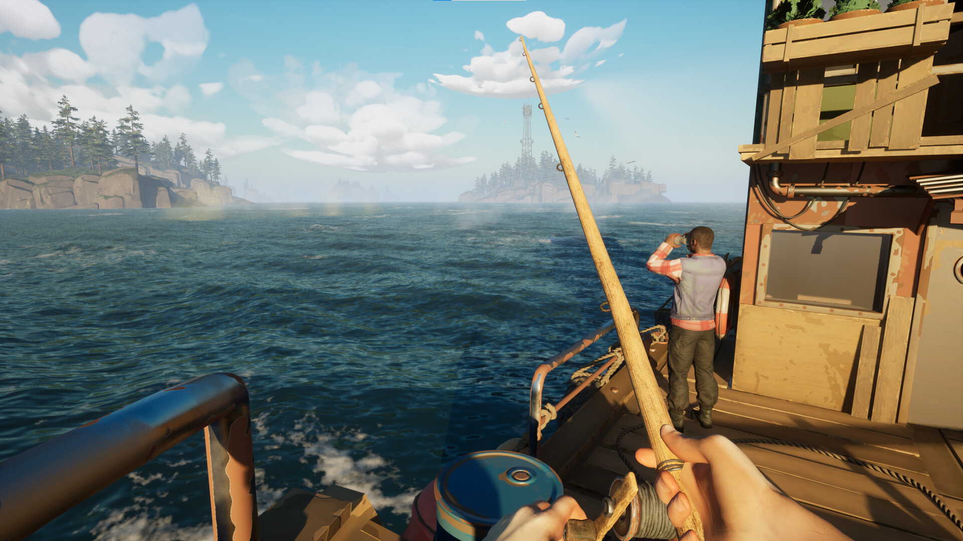 Player fishing from a boat deck with the San Juan islands in the distance