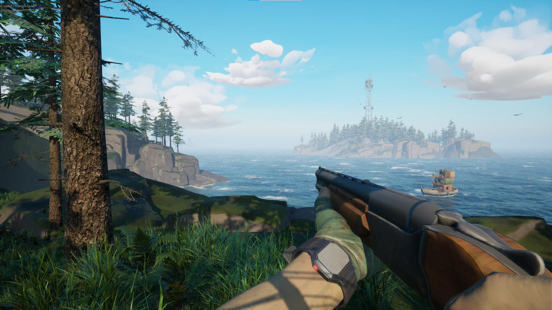 Rifle scope view from a grassy cliff overlooking a cove — Last Harbor sniper position